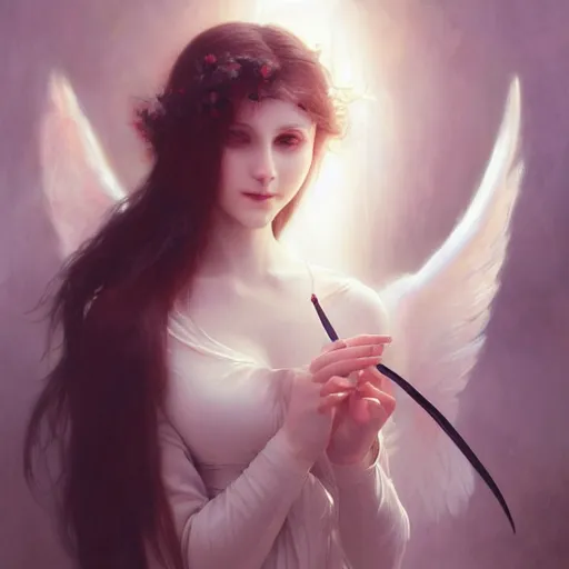 Image similar to Beautiful pale angelic goth girl with angel wings and devil\'s horns, masterpiece 4k digital illustration by Ruan Jia and Mandy Jurgens and Artgerm and william-adolphe bouguereau, highly detailed, trending on artstation, award winning,