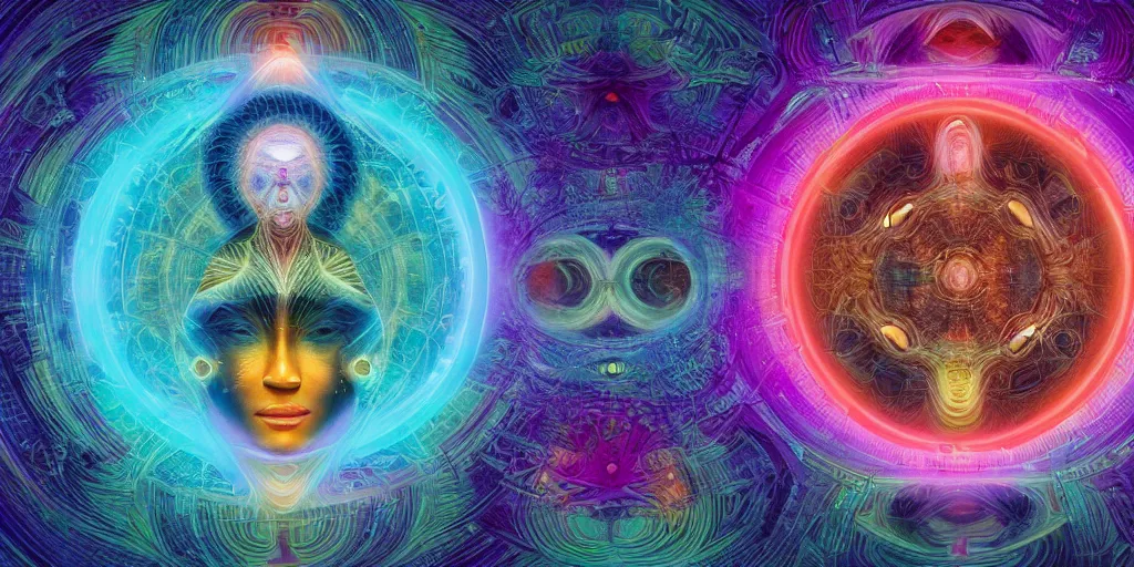 Prompt: transcendence into collaborative intelligence, endless collaboration with ai, connectedness, body, lcd, by alex grey, album cover, award winning, beautiful, colorful, volumetric lighting, trending on artstation, cinematic