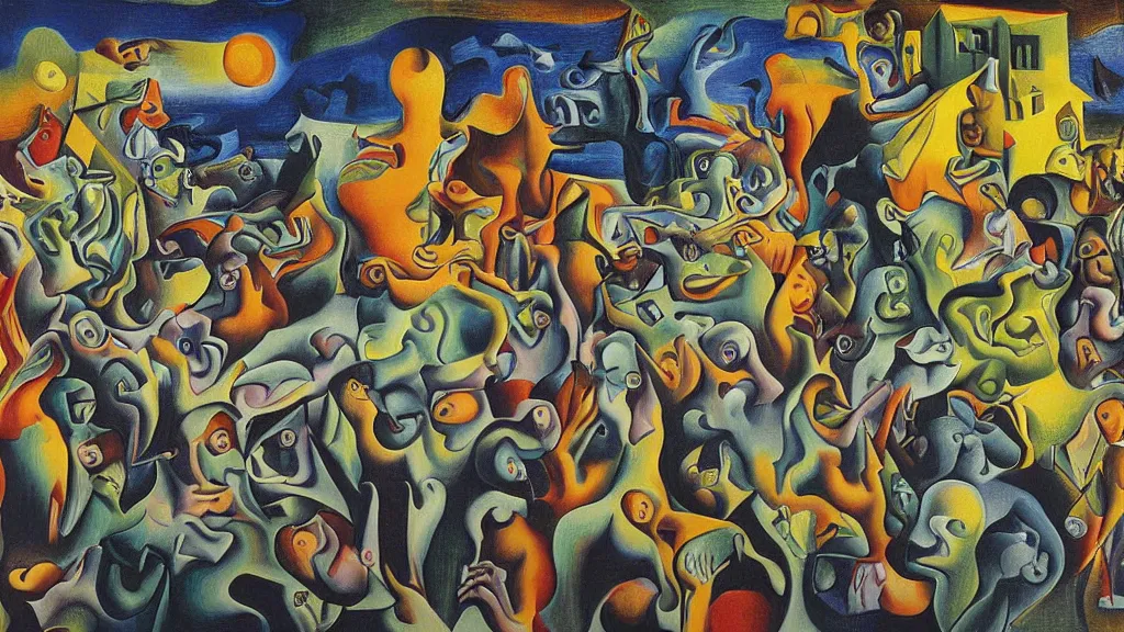 Image similar to unholy gathering, 4K, Dadaism & Fauvism, by collaboration of M. C. Escher and Salvador Dali and Van Gogh