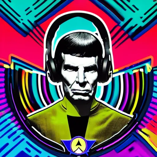 Image similar to svg sticker of a Pop-Wonder Captain-Spock-Star-Trek at a rave, spinning records, giant headphones rocking out, wearing headphones, huge speakers, dancing, rave, DJ, spinning records, digital art, amazing composition, rule-of-thirds, award-winning, trending on artstation, featured on deviantart