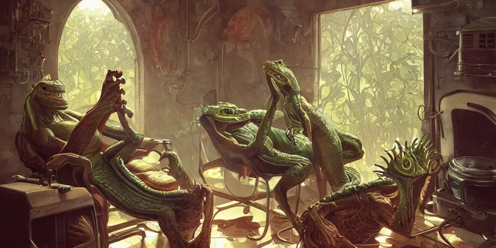 Image similar to lizardman lounging in a chair in front of an oven, fantasy, highly detailed, digital painting, concept art, matte, sharp focus, illustration by artgerm, art by greg rutkowski, art by alphonse mucha