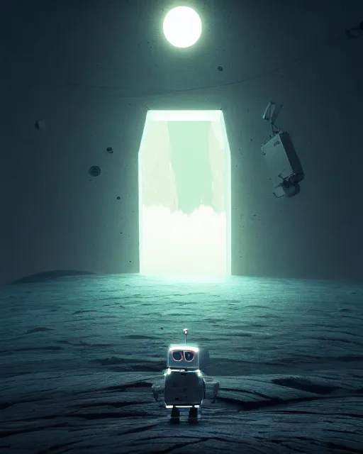 Image similar to gediminas pranckevicius, a robot standing in front of a glowy open door that's on a barren moon, poster art by mike winkelmann, trending on cg society, space art, sci - fi, ue 5, futuristic, volumetric lighting, light casting onto the ground, neat composition and camera angle