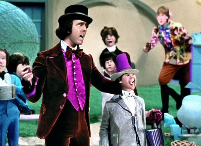 Image similar to film still of Ryan Reynolds as Willy Wonka in Willy Wonka and the Chocolate Factory 1971