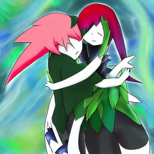 Image similar to advanced anime digital art, Pokemon female Gardevoir hugging their pokemon trainer by Ken Sugimori