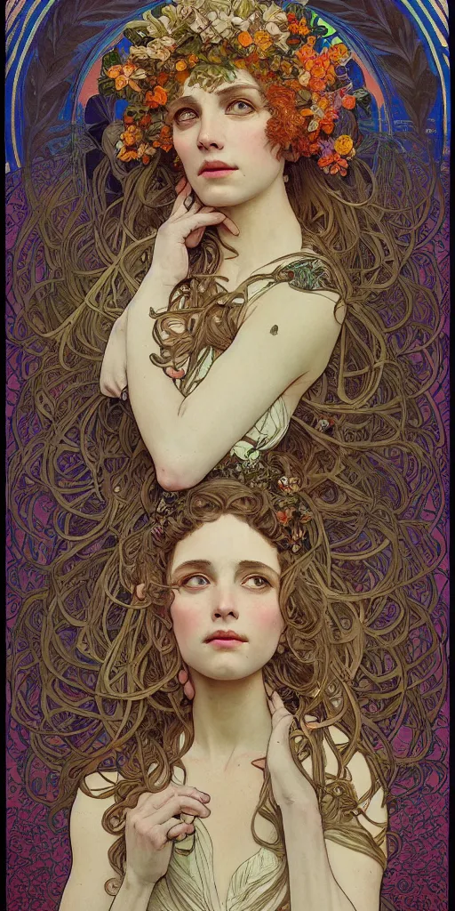 Image similar to a portrait of a beautiful female godess of spring, by Mohrbacher and Moebius and Alphonse Mucha and Roger Deakins, cinematic lighting, masterpiece, highly detailed, 8k resolution, trending on art station