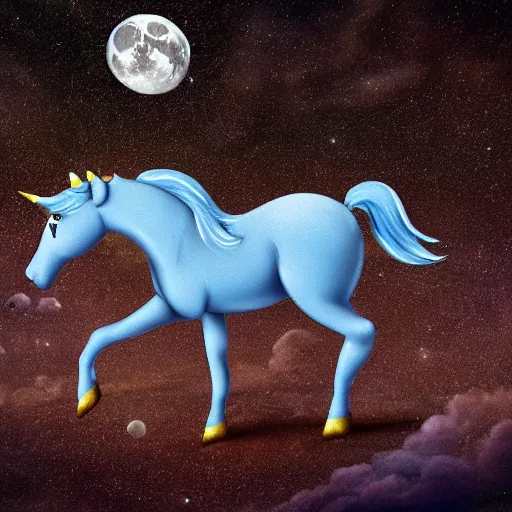 Image similar to A lonely blue unicorn-pegasus sits on the moon's surface, sitting on piles of moon dust with a sad look on her face