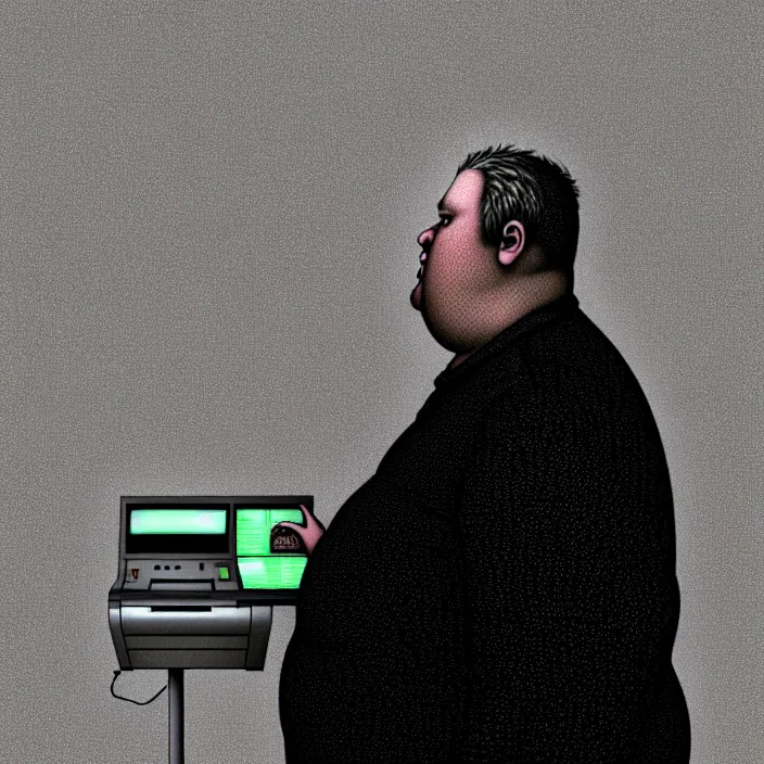 Image similar to hyperrealistic mixed media portrait of a mordidly obese man using an ATM machine, despair, depressing and hopeless vibe, stunning 3d render inspired art by P. Craig Russell and Barry Windsor-Smith + perfect facial symmetry + dim volumetric lighting, 8k octane beautifully detailed render, post-processing, extremely hyperdetailed, epic composition, grim yet sparkling atmosphere, cinematic lighting + masterpiece, trending on artstation