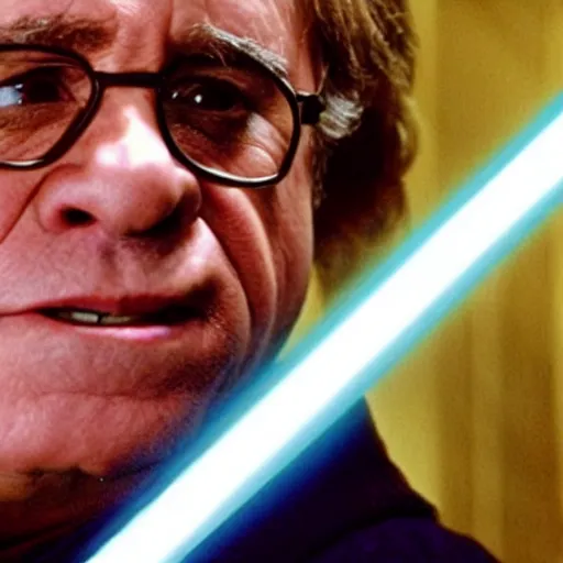 Image similar to movie still of Danny DeVito as Luke Skywalker with lightsaber