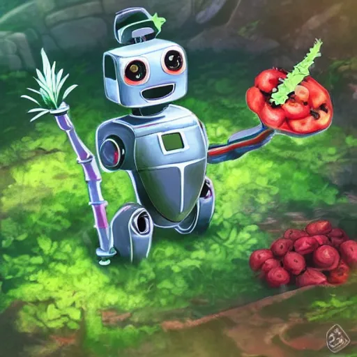 Image similar to cute robot made of plants wearing tomato hat and a chive sword, made in abyss style