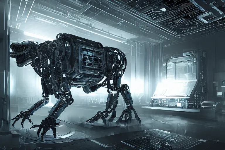 Image similar to robosaurus parallax datacenter server room interior single mono colossus white rusty robot sitting artstation cinematic detailed concept art ultra realistic volumetric light sharp coherent cgsociety symmetric perfect well balanced shadows lotr technogoddess sidwill diodes emitting