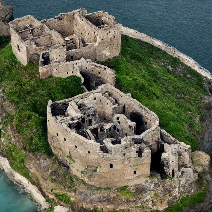 Prompt: aerial view of an ancient fortress from above on a hill by the ocean shaped exactly like the punisher symbol detailed