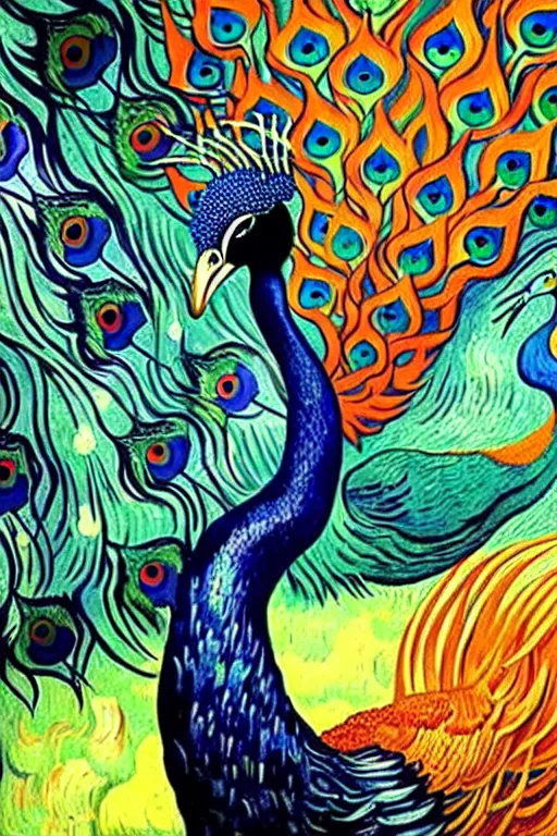 Prompt: the vision of the universal peacock by casey weldon and vincent van gogh, symbolist, visionary