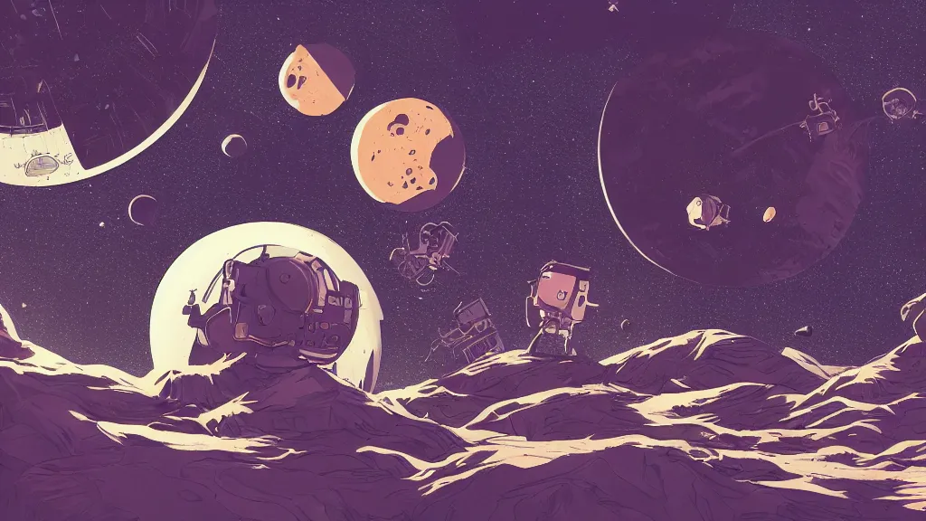 Image similar to very detailed, prophet graphic novel, ilya kuvshinov, mcbess, rutkowski, simon roy, illustration of a space junk floating in space around a dead planet, wide shot, colorful, deep shadows, astrophotography