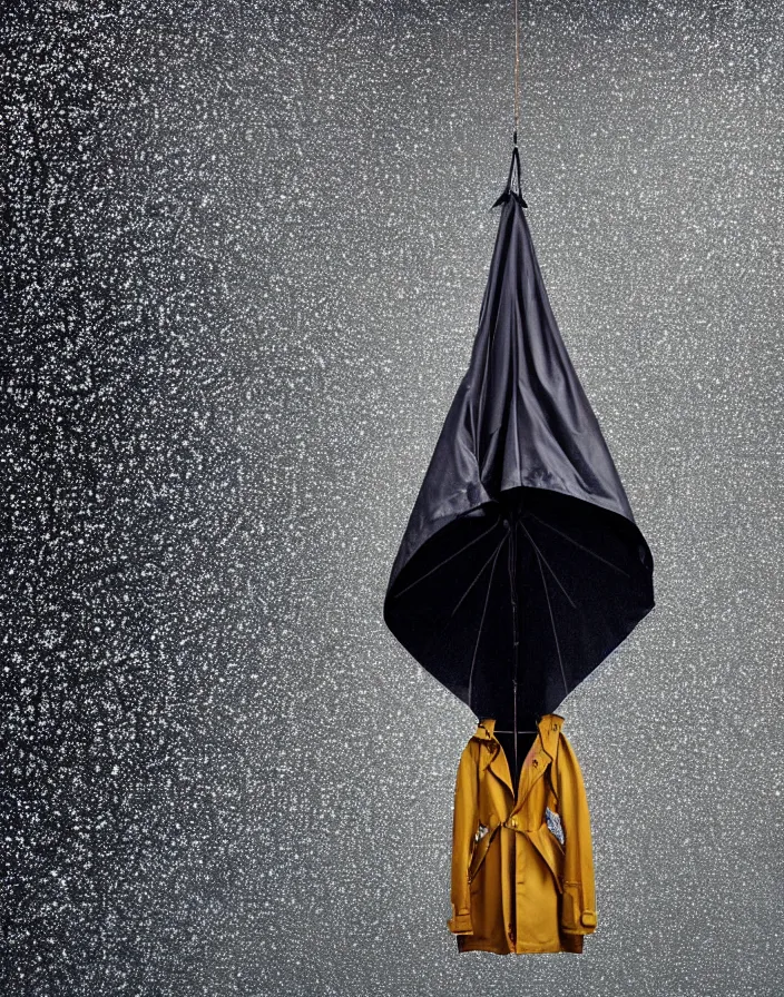 Image similar to close - up portrait of an empty slick fashionable zara raincoat floating suspended mid - air on a glittering rainy display designed by james terrell, wes anderson, symmetry, rule of thirds