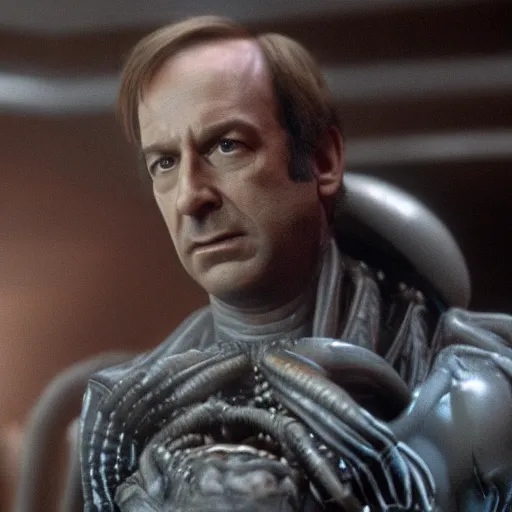 Image similar to film still of saul goodman in alien 1 9 7 9, unreal engine, uhd, by ridley scott and hrgiger, very detailed, realistic