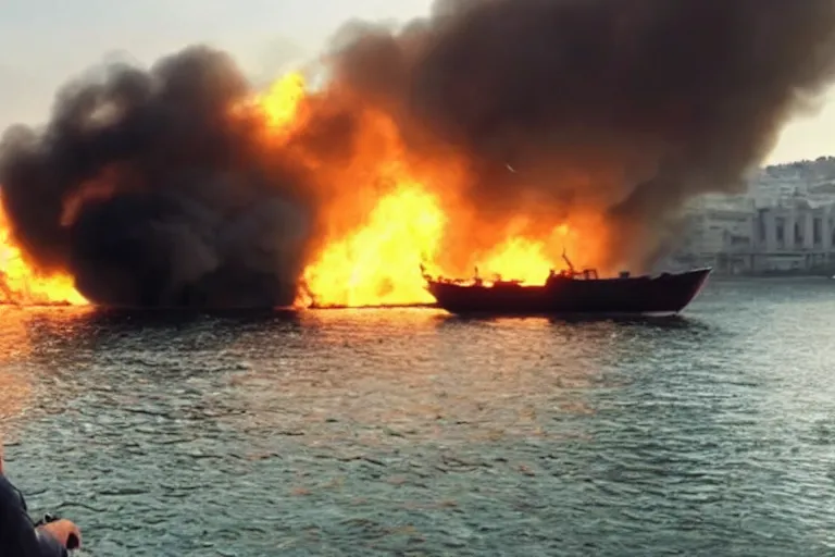 Image similar to a tourist taking a photo of a boat on fire in naples, cinematic shot, foggy, photo still from movie by denis villeneuve