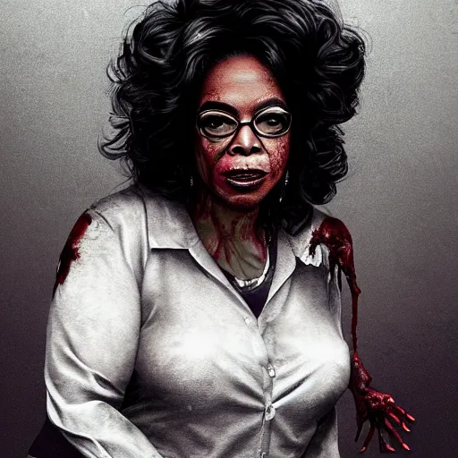 Prompt: a zombie Oprah Winfrey, by WLOP, horror, wounds, bloody, dark fantasy, trending on artstation