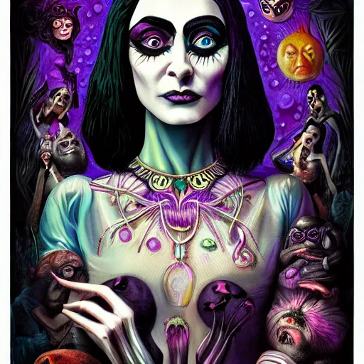 Image similar to An extremely psychedelic portrait of the Addams Family, surreal, LSD, face, detailed, intricate, elegant, lithe, highly detailed, digital painting, artstation, concept art, smooth, sharp focus, illustration