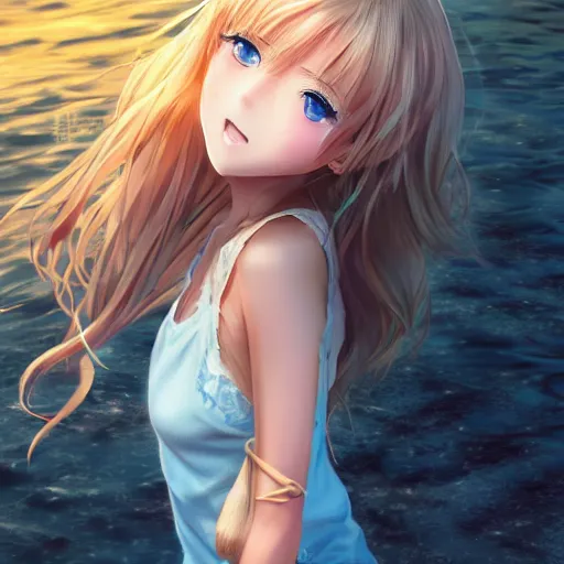 Image similar to a very beautiful anime girl, full body, long wavy blond hair, sky blue eyes, full round face, short smile, cute top, short jeans, summer lake setting, cinematic lightning, medium shot, mid-shot, highly detailed, trending on Artstation, Unreal Engine 4k, cinematic wallpaper by Stanley Artgerm Lau, WLOP, Rossdraws, James Jean, Andrei Riabovitchev, Marc Simonetti, and Sakimichan