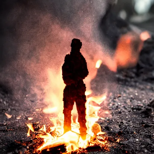 Image similar to a human figure emerging from fire ash, cinematic lighting, ultra realistic, bokeh