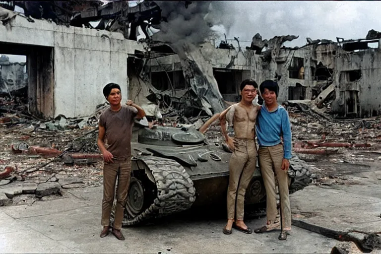 Image similar to a photo of a two mans posing in front of tank in destroyed vietnamese city, us journalism ministry photo, 1 9 6 9, color photo, perfect faces, fine details, fim still