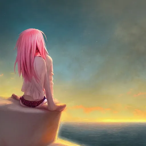 Prompt: anime girl with pink hair watching sunset, by lise deharme,