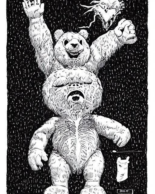 Image similar to an illustration of teddy ruxpin, full body, pen-and-ink illustration, etching, by Russ Nicholson, DAvid A Trampier, larry elmore, 1981, HQ scan, intricate details, Monster Manula, Fiend Folio