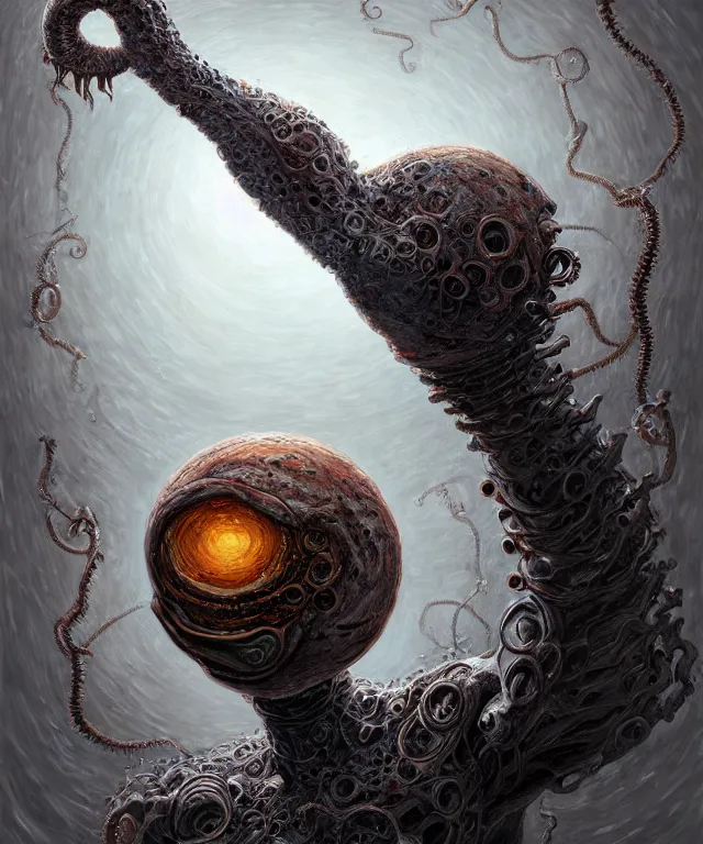 Image similar to hziulquoigmnzhah, head dangling underneath body!!!!, spherical body, elongated arms, short legs, lovecraftian horror!, surrealism, fantasy, intricate, elegant, highly detailed, digital painting, artstation, concept art, matte, sharp focus, illustration, art by keith thompson and christopher lane