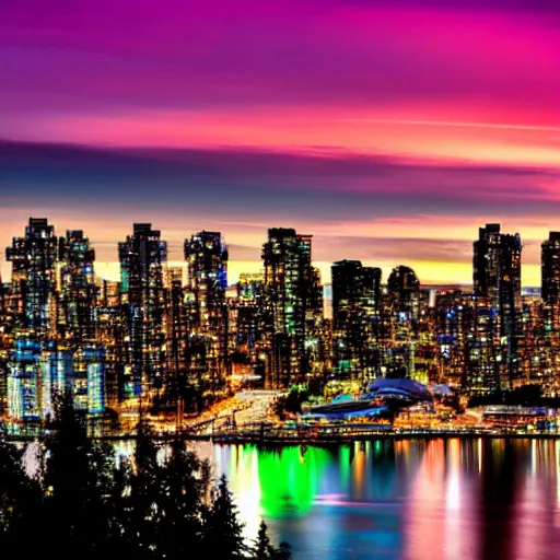 Image similar to vancouver bc canada at night, neon 8 k photo realistic