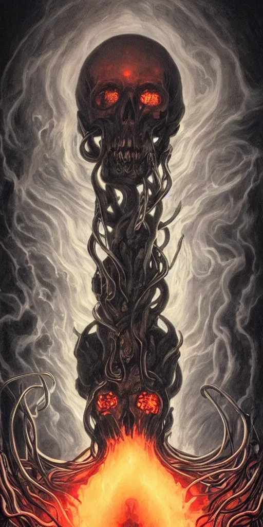 Prompt: intense glowing black metal pagan god with tentacles and intense glowing white eyes with a skull on fire in very dark void by artgerm and beksinski and alphonse mucha, portrait, fantasy, clear, fire, light beams, lens flare, intense, uhd, amazing depth, cinematic lighting, black smoke and red and intense orange and yellow sparks