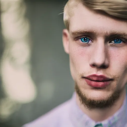 Image similar to close up of 2 1 year old man with wavy light blonde hair, blue eyes, pale complexion, wearing 1 9 5 0 s clothing, 8 5 mm f / 1. 4