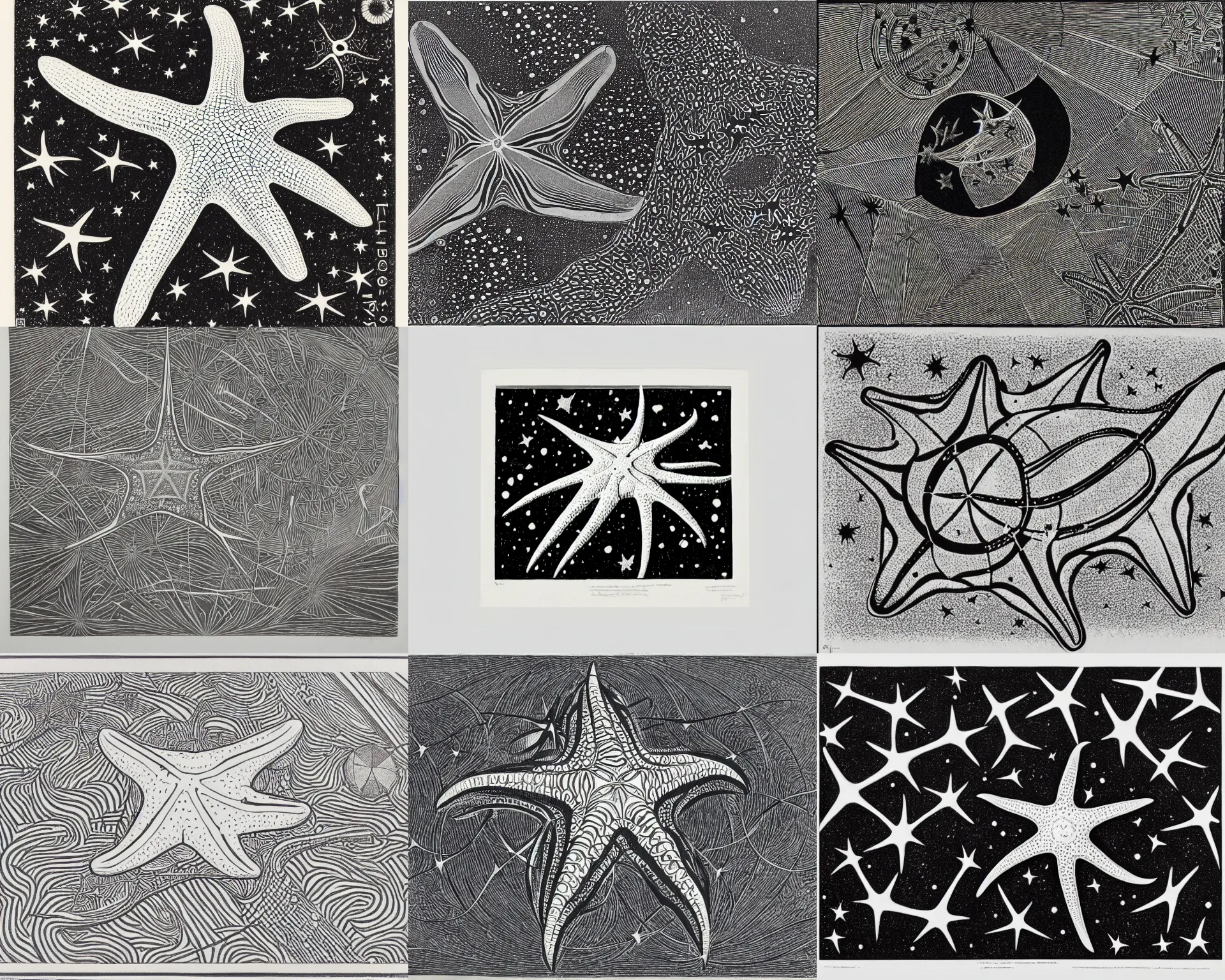 Prompt: a starfish floating in outer space, drawn by m. c. escher and damien hirst and gustav klimt. woodblock, monochrome, 3 d, lithograph, black background