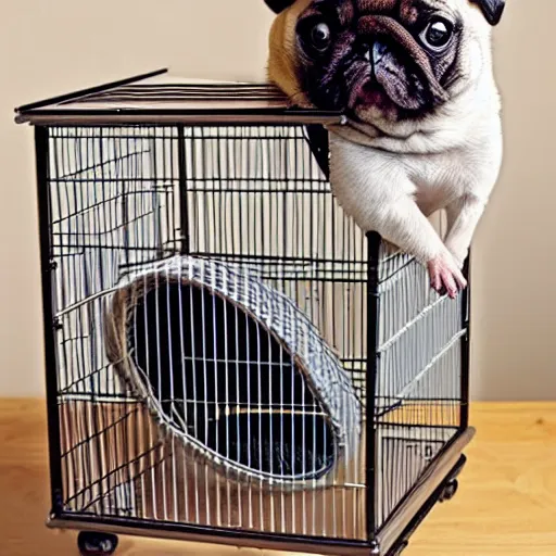 Image similar to a hamster cage with a pug gerbil hybrid inside by the wheel