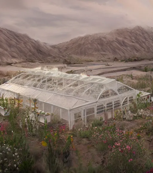 Image similar to a matte painting of a white biroremediation architecture, greenhouse in the mining tailings in the desert, prairie, cottage town, foggy, patchy flowers, oil painting, pale colors, high detail, 8 k, wide angle, trending on artstation, behance