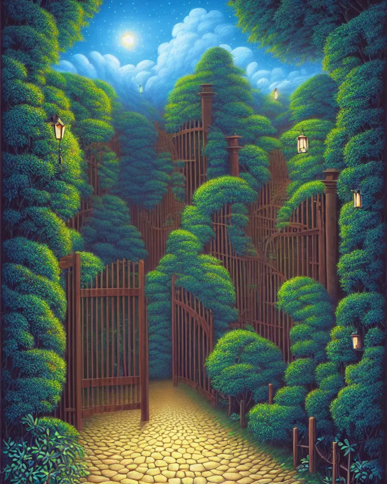 Prompt: hd painting of a dark garden, wooden gates, particles of magic by rob gonsalves, trending on artstation