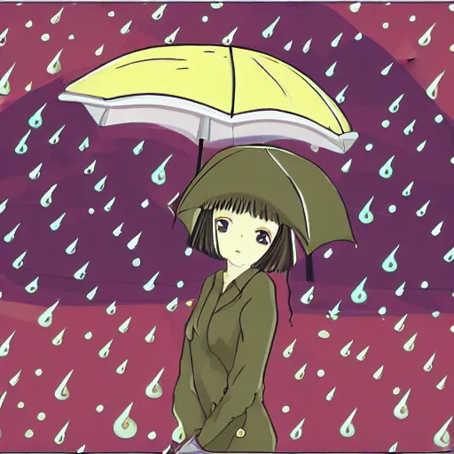 Prompt: rain, pattern, anime 1 9 8 0, umbrella, girl