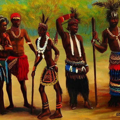 Prompt: african tribal leader meets european adventurers painting