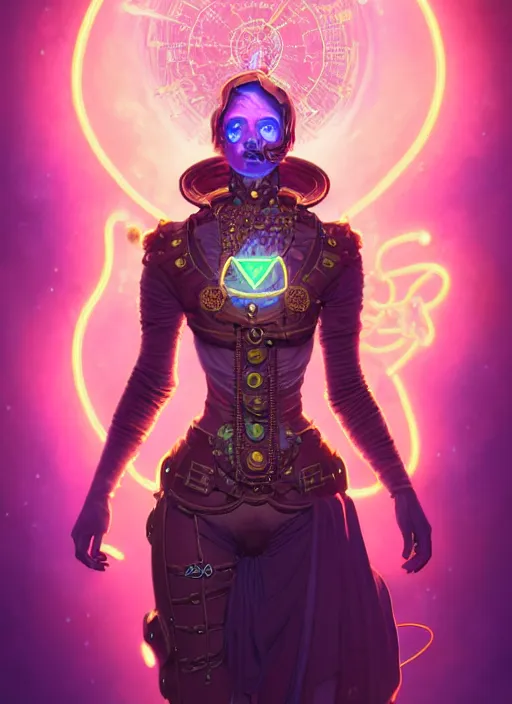 Prompt: a steampunk faceless glowing liquefied stardust adventurer, dnd fantasy character, full body portrait, glowing neon skin, magical aura, ultra realistic, intricate, elegant, highly detailed, digital painting, artstation, smooth, sharp, focus, illustration, art by artgerm and greg rutkowski and alphonse mucha and dan mumford, sacred geometry