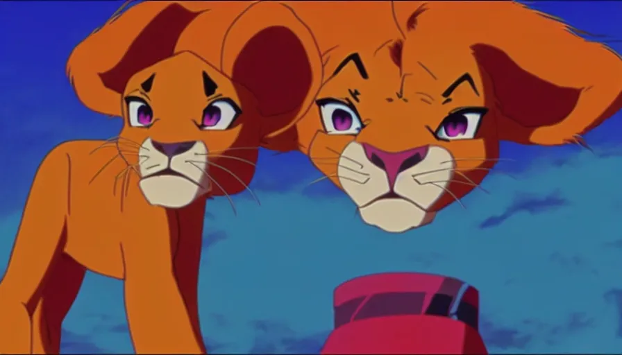 Prompt: simba from the lion king in a long shot still from the anime neon genesis evangelion, 4 k, neon genesis evangelion official media, high quality, hideaki anno anime