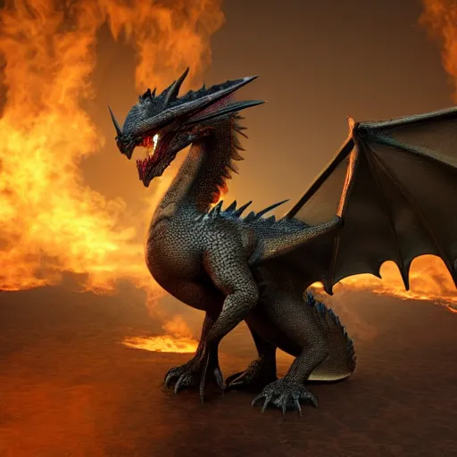 Image similar to breathtaking and majestic powerful dragon with spread wings surrounded by fire, 3d render, concept art, 8k, ultra detail