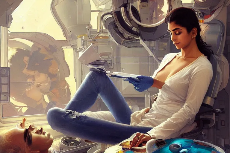 Image similar to Sensual good looking pale young Indian doctors wearing jeans in a space station above Earth performing surgery, portrait, elegant, intricate, digital painting, artstation, concept art, smooth, sharp focus, illustration, art by artgerm and greg rutkowski and alphonse mucha