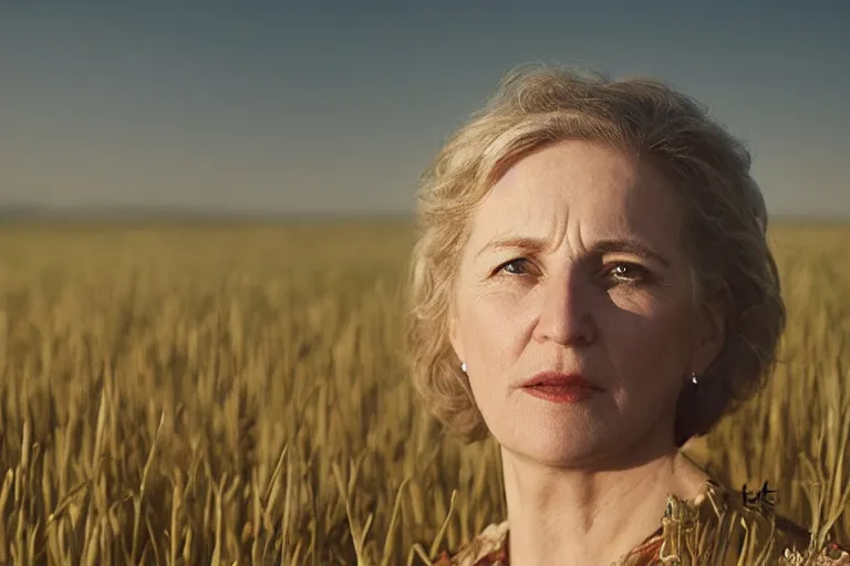 Image similar to a cinematic headshot portrait of a frozen middle aged woman stood in a field, field on fire, ultra realistic, depth, beautiful lighting, by annie leibovitz