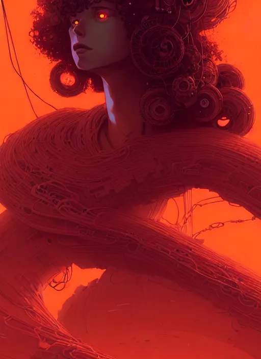 Prompt: highly detailed portrait of sci - fi long curly fire hair lady, stray wiring by atey ghailan, james gilleard, by joe fenton, by greg rutkowski, by greg tocchini, by kaethe butcher, 4 k resolution, gradient red, orange, black and white color scheme!!! ( ( flaming robotic dystopian city spiral background ) )