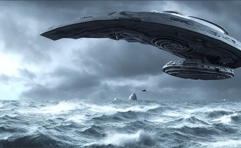 Image similar to a small alien ship flies above a stormy ocean, sci-fi concept art, unreal engine 3d