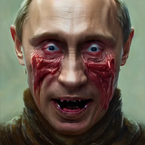 Prompt: a portrait of vladimir putin, flesh eating worms, macabre, horror rotten teeth, by donato giancola and greg rutkowski, wayne barlow, realistic face, visible face, digital art, artstation, symmetry