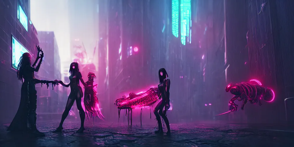 Image similar to cyberpunk witches battling cthulu lovecraftian aliens, contrasting colors, concept art, cinematic, key art, high quality, hyper realism, high detail, octane render