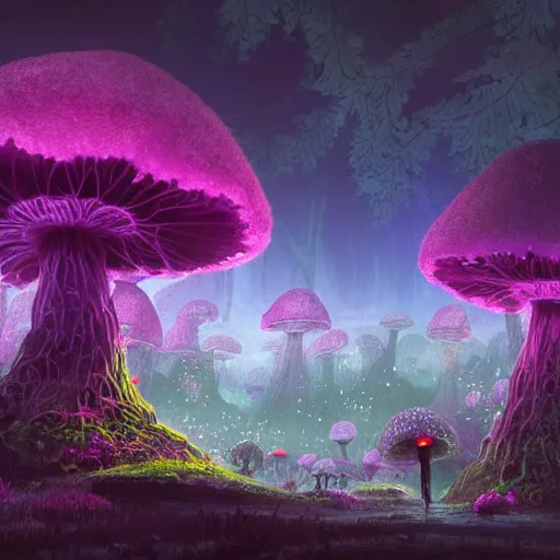 Image similar to concept art painting of a fantasy alien fungal landscape at night, magenta trees, glowing blue mushrooms, houses made of fungus, dark purple sky, realistic, detailed, cel shaded, in the style of makoto shinkai and greg rutkowski and albert bierstadt and james gurney