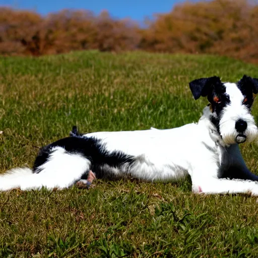 Prompt: old fox terrier with a white and black coat, red collar, white tail, lying in the sun