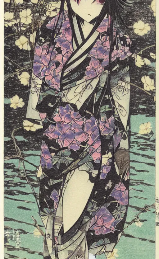Prompt: by akio watanabe, manga art, a girl on wooden lake bridge and iris flowers, trading card front, kimono, realistic anatomy