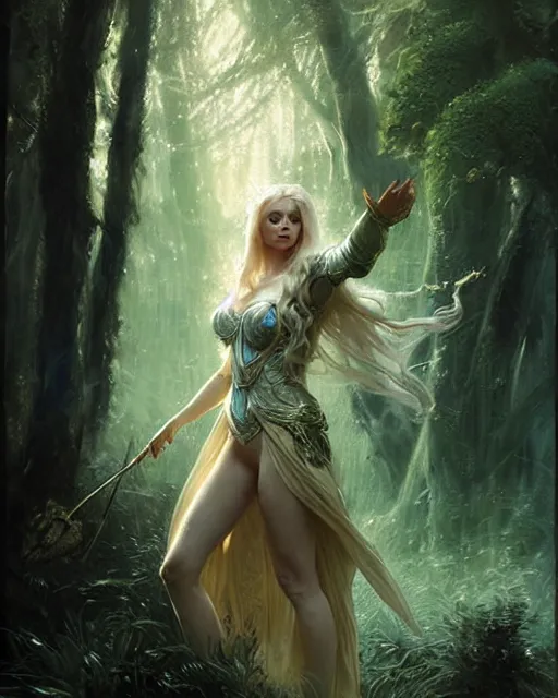 Image similar to blonde sorceress with a cloak and fantasy armor casting a spell in the forest, fantasy character portrait, ultra realistic, concept art, intricate details, highly detailed by greg rutkowski, gaston bussiere, craig mullins, simon bisley